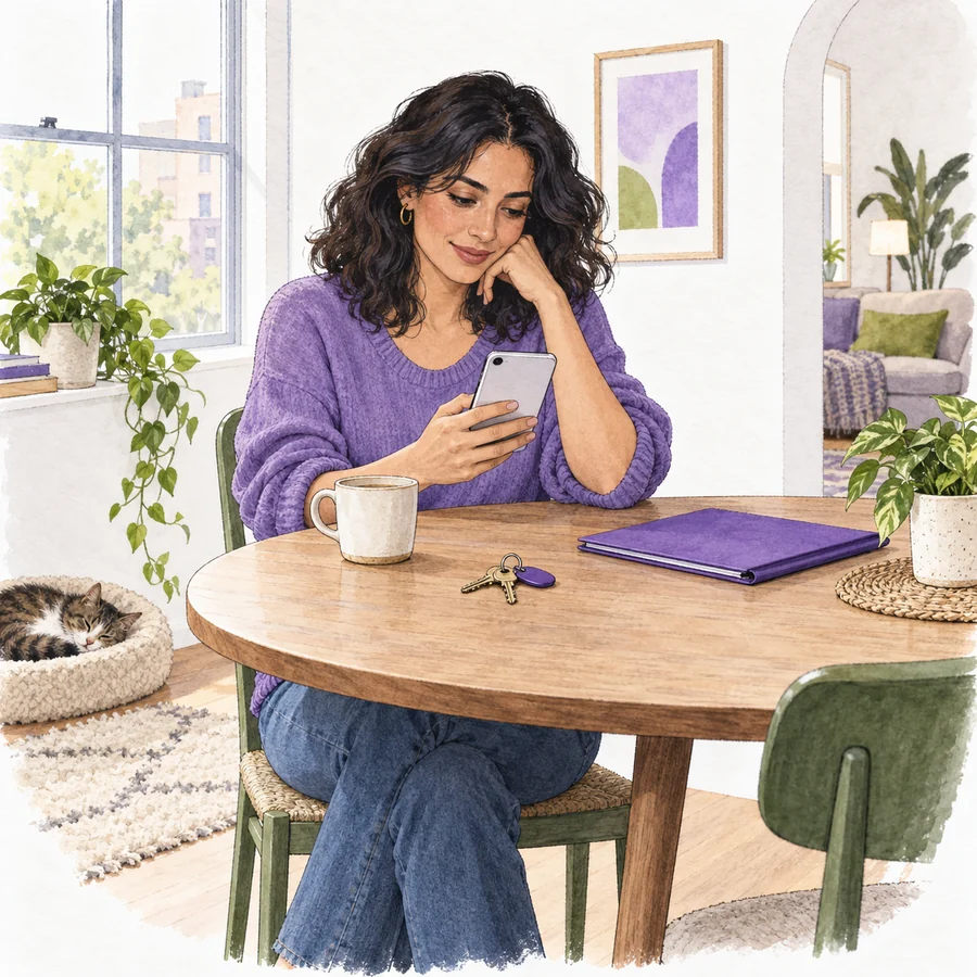A renter reviewing rent on her phone at home, with house keys and a lease folder beside her