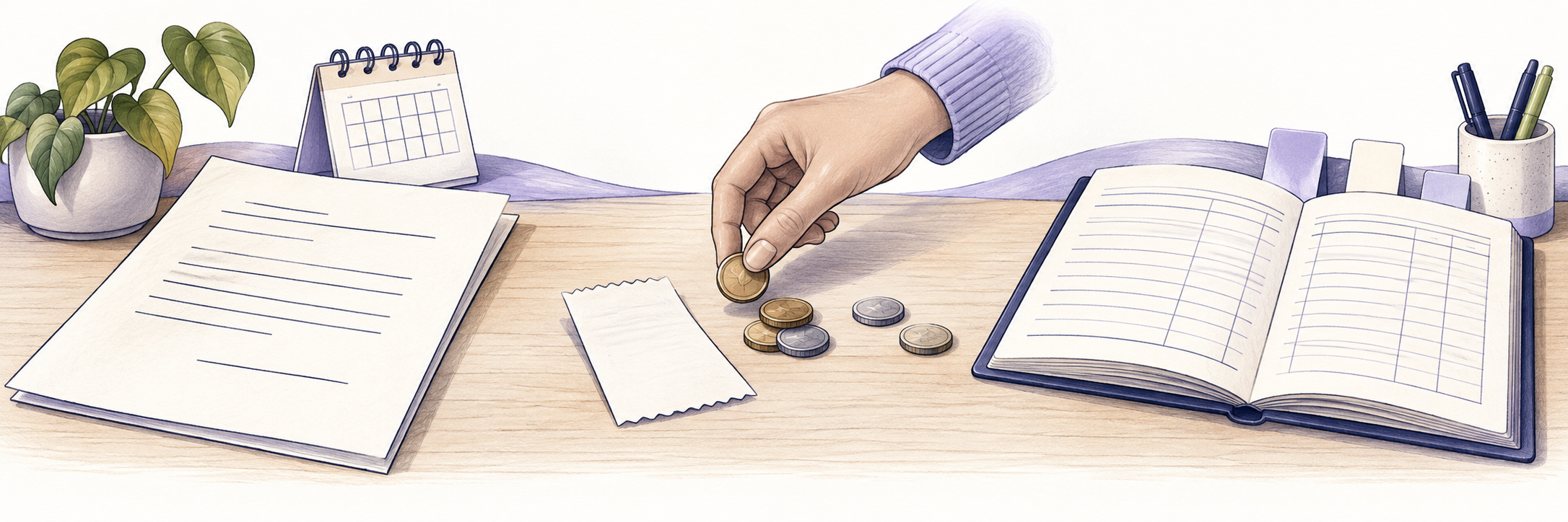 Blank rent-charge sheet and calendar, a hand placing coins beside a receipt, and an open ledger for the remaining balance.