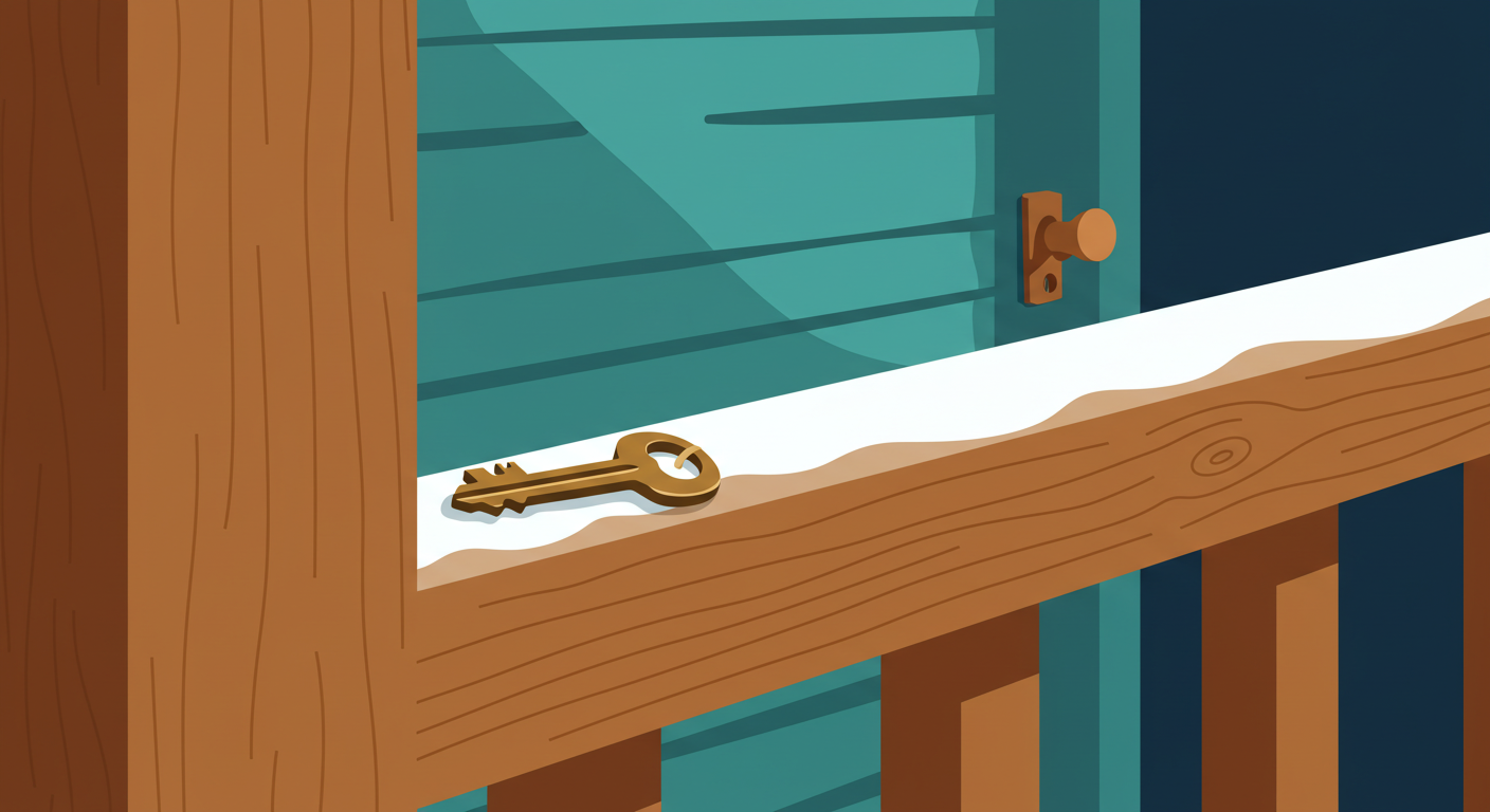A modern house key with a simple keychain resting on a wooden surface, with a blurred background of a residential home.