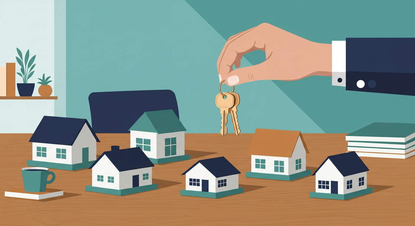A modern house with a 'For Rent' sign in the front yard on a sunny day.