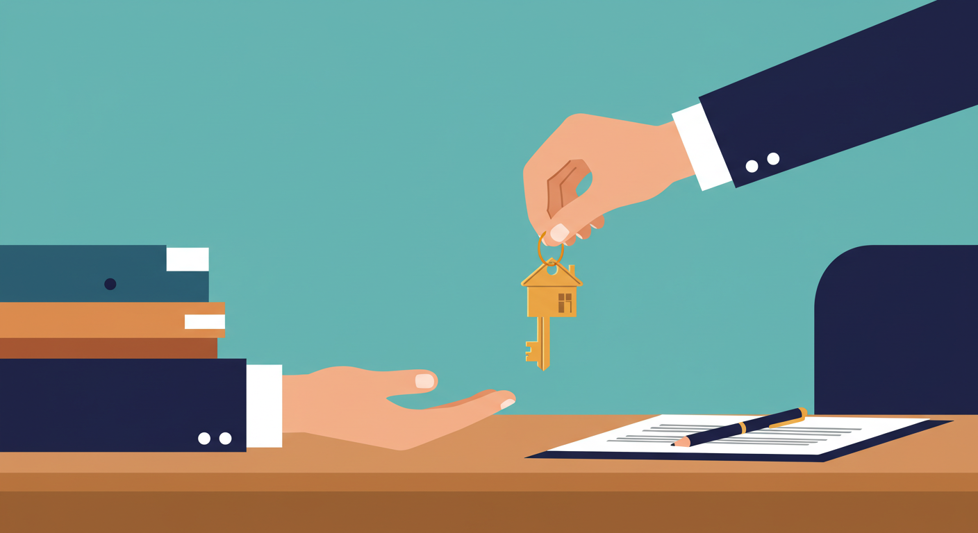 Two people shaking hands over a table with house keys and a signed document on it.