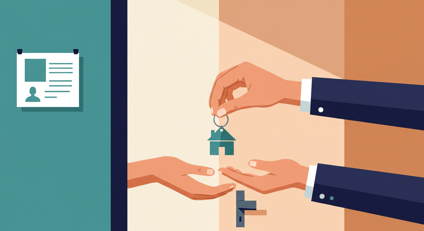A landlord hands a set of house keys to a new tenant after signing a lease.