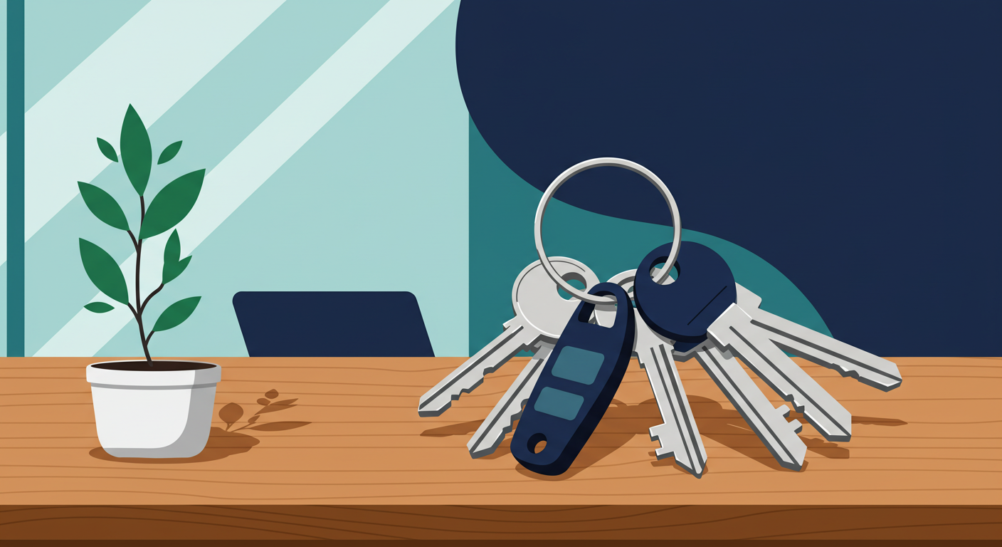A modern house key with a simple keychain on a wooden table next to a notebook and pen.