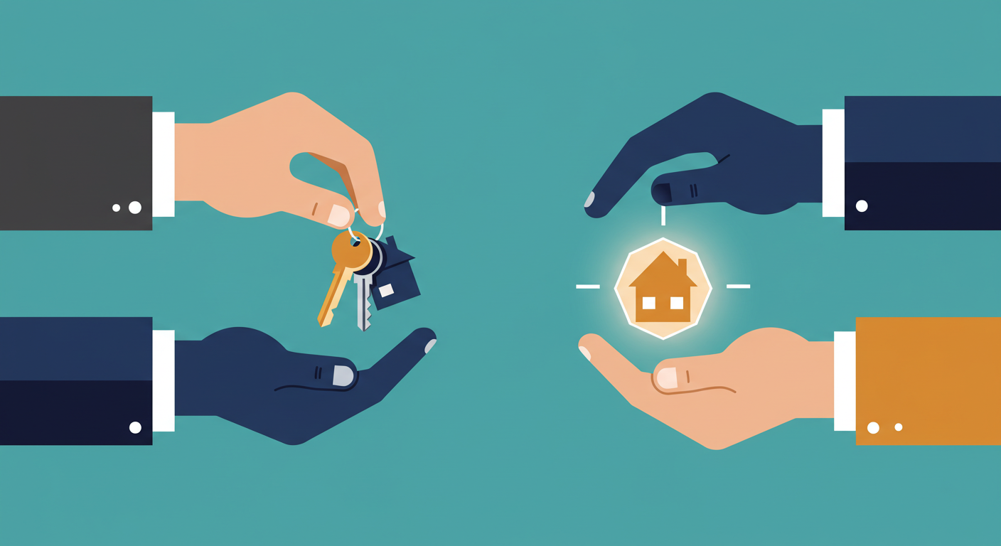 A physical key with a Bitcoin keychain fob resting on a blueprint of a house.