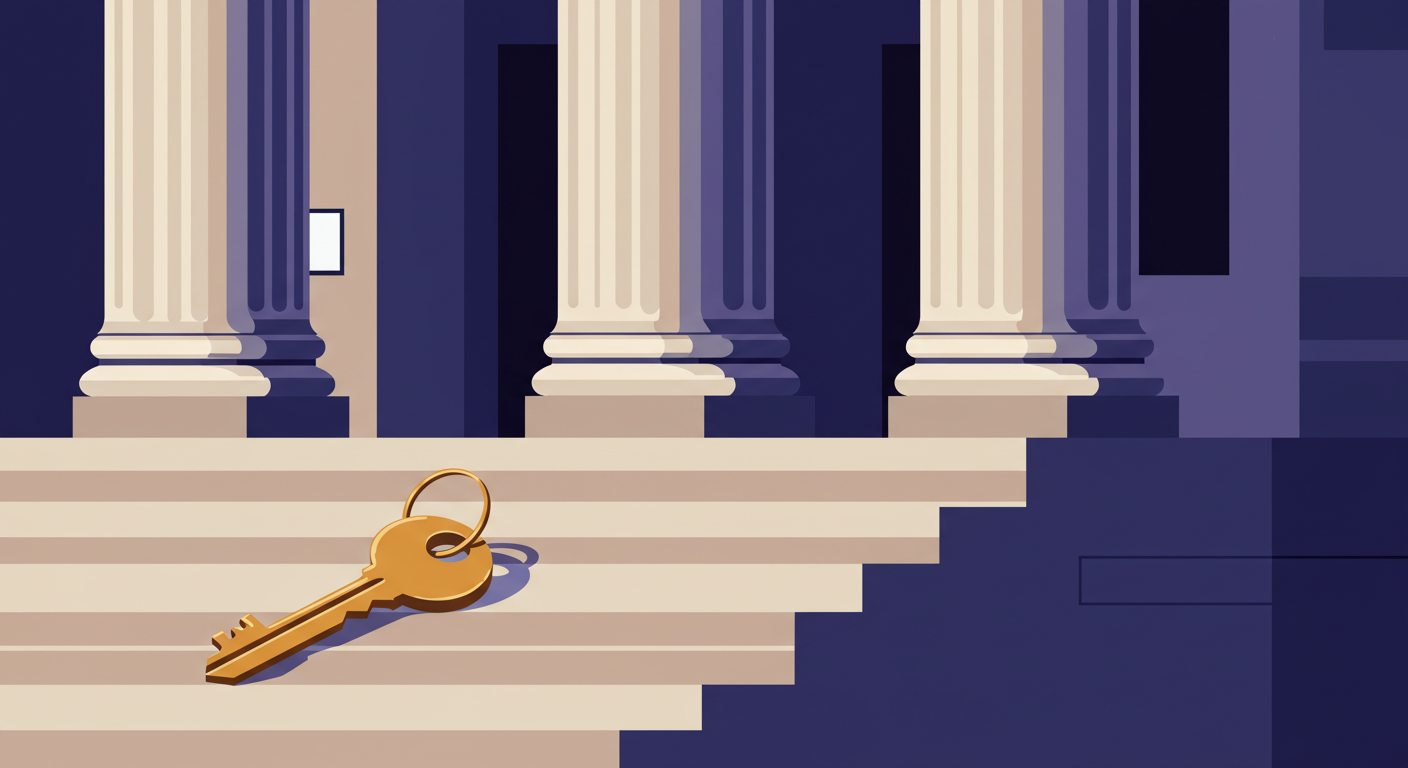 A wooden gavel and a set of keys resting on a stack of legal documents on a desk.