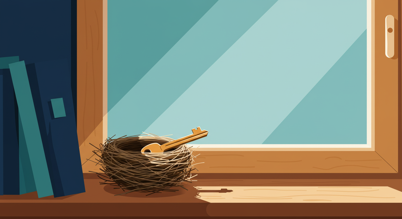 A set of house keys and a small wooden house model resting on top of financial documents and a calculator.