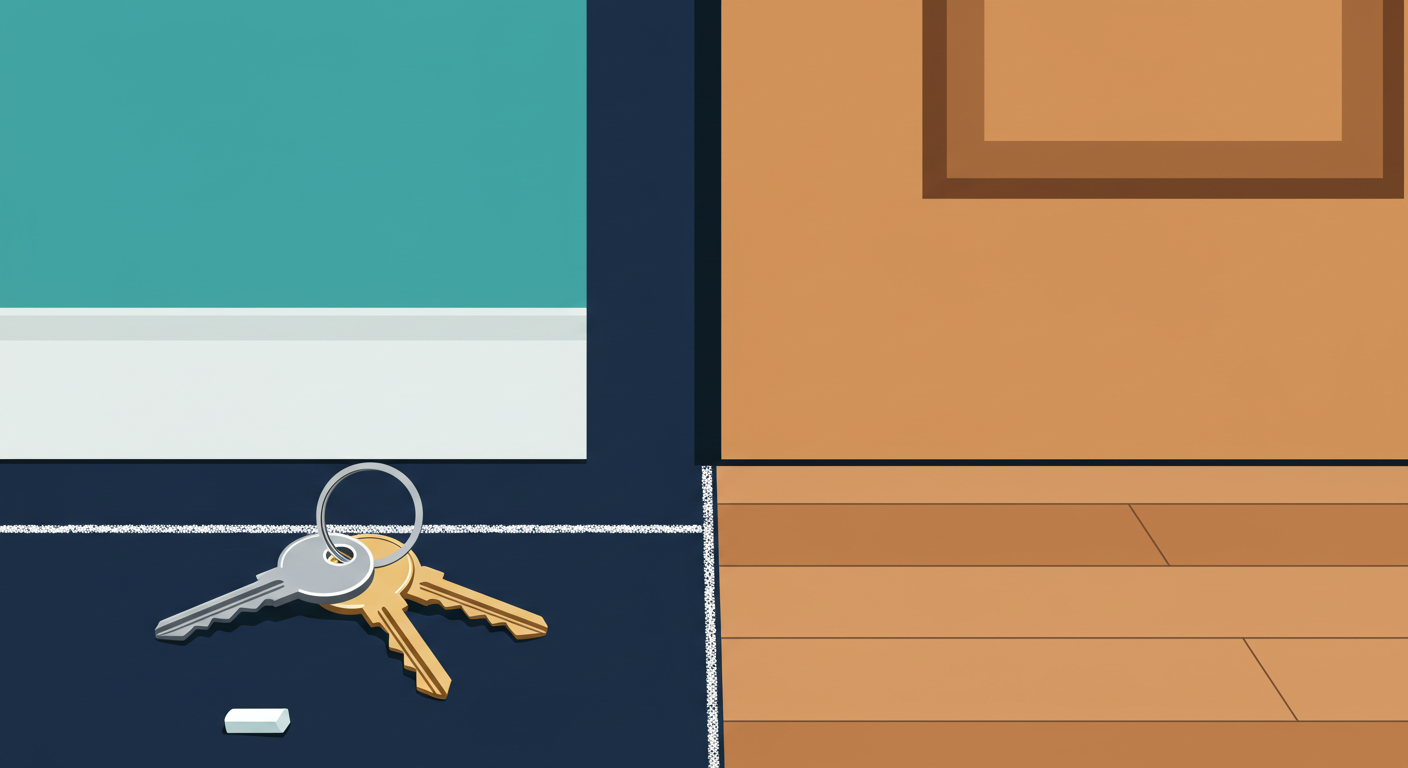 A person's hands holding a key and a pen over a rental application form on a wooden desk.