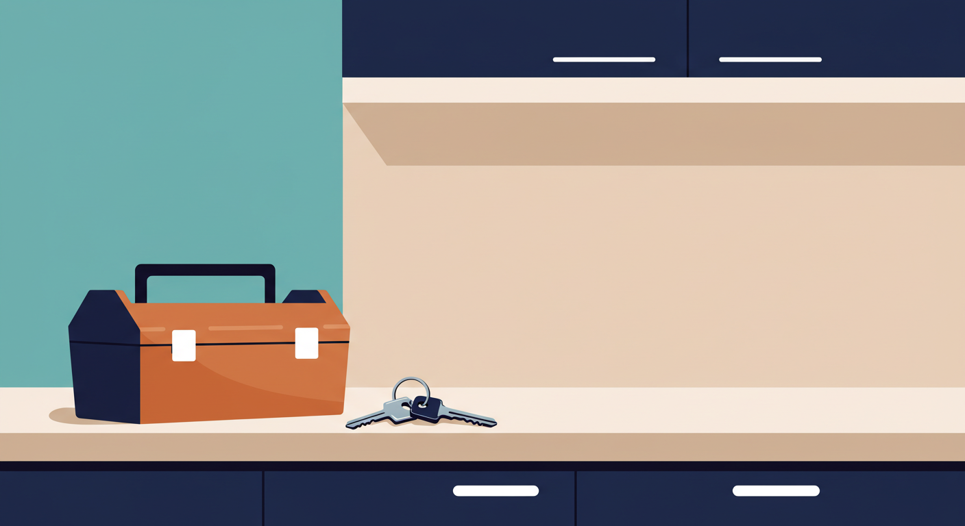 A person sits at a clean desk with a laptop, a notebook, and a set of keys, looking thoughtfully out a window.
