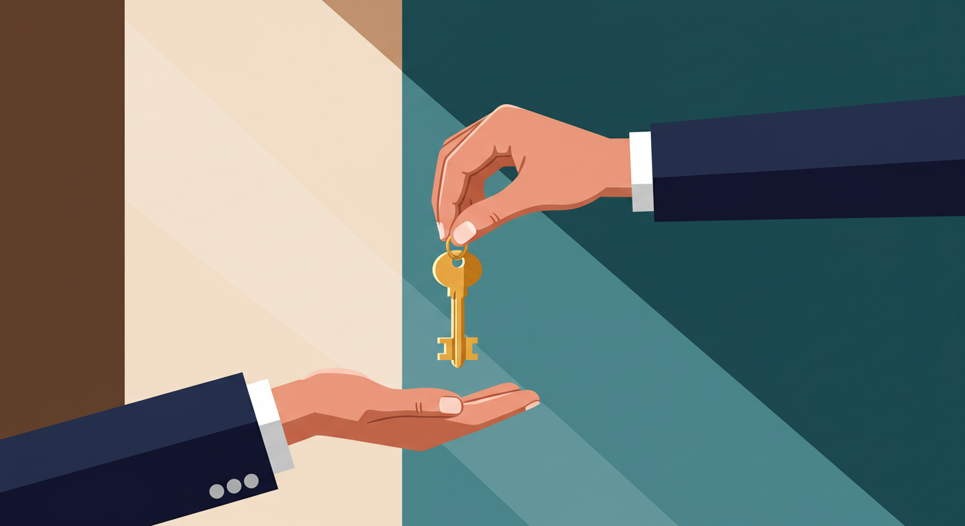 A person's hands exchanging a rent receipt and cash over a wooden table with keys and a pen nearby.