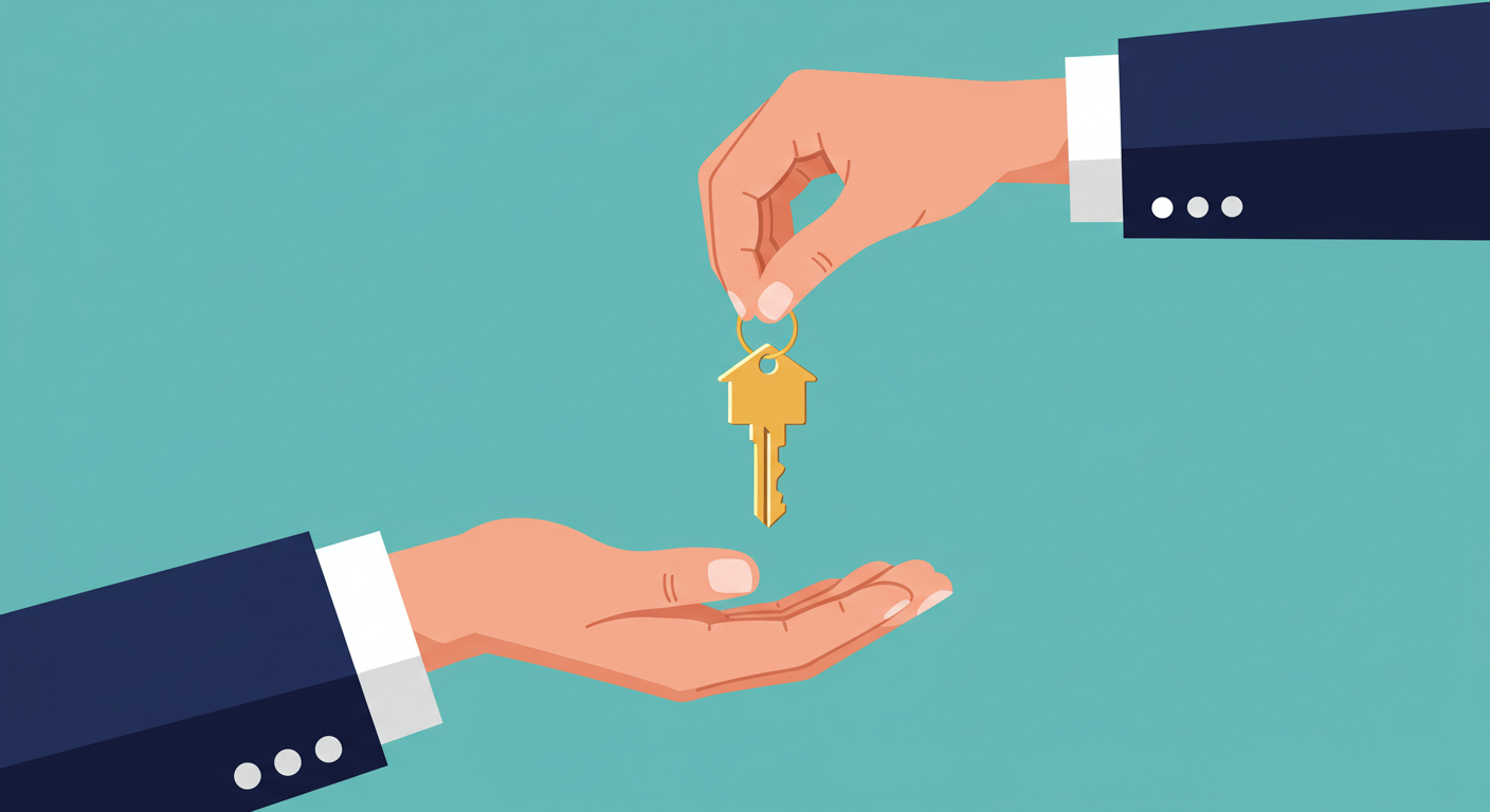 A person's hands holding a signed rental lease agreement and a house key on a wooden table.