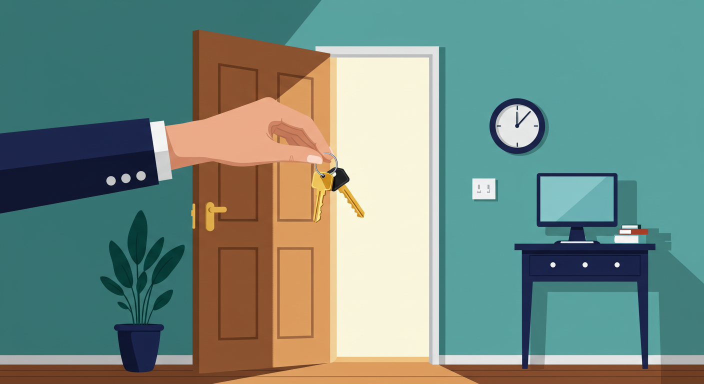 A person holding a set of house keys in front of a modern, clean apartment door.