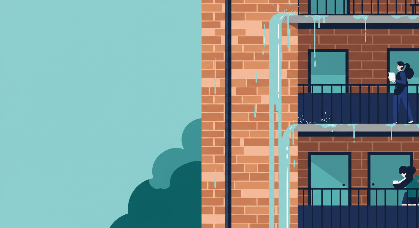A residential street with houses partially submerged in floodwater, illustrating the risk to rental properties.