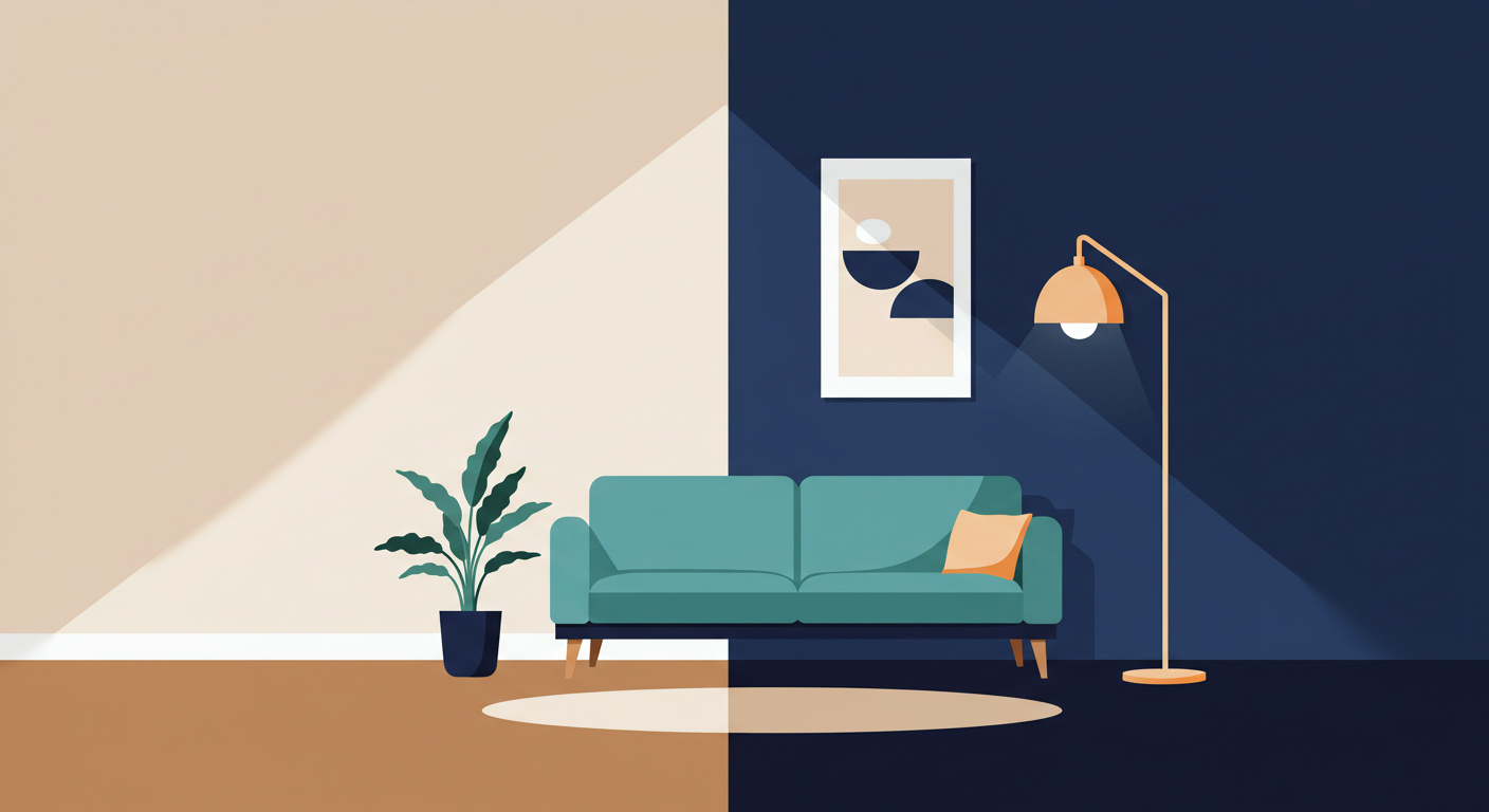 A clean and modern living room in a furnished apartment, with a sofa, coffee table, and lamp.