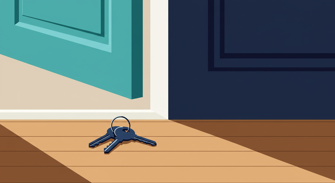 A set of keys resting on a formal notice document on a wooden table.