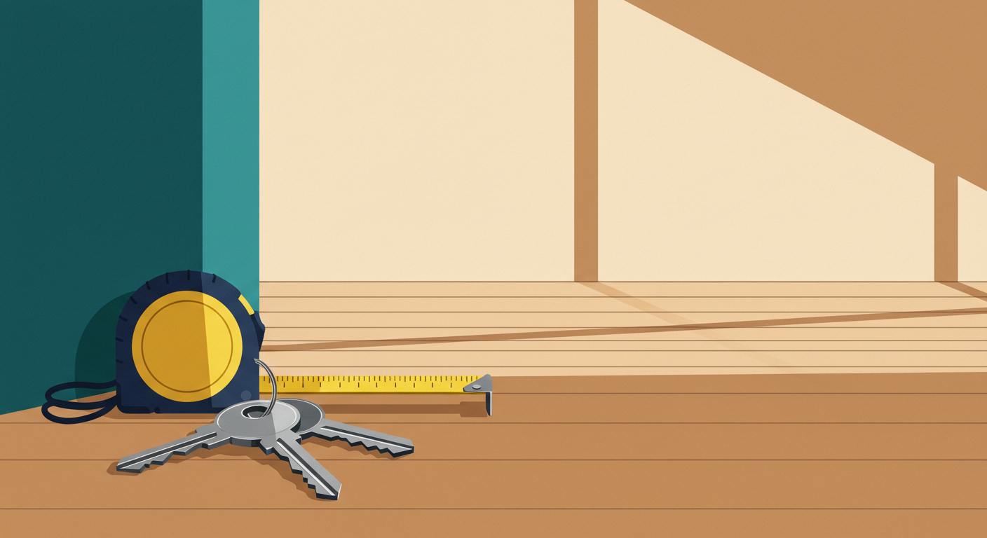 A person's hand holding a pen, filling out a property condition checklist on a clipboard inside a clean, empty room.