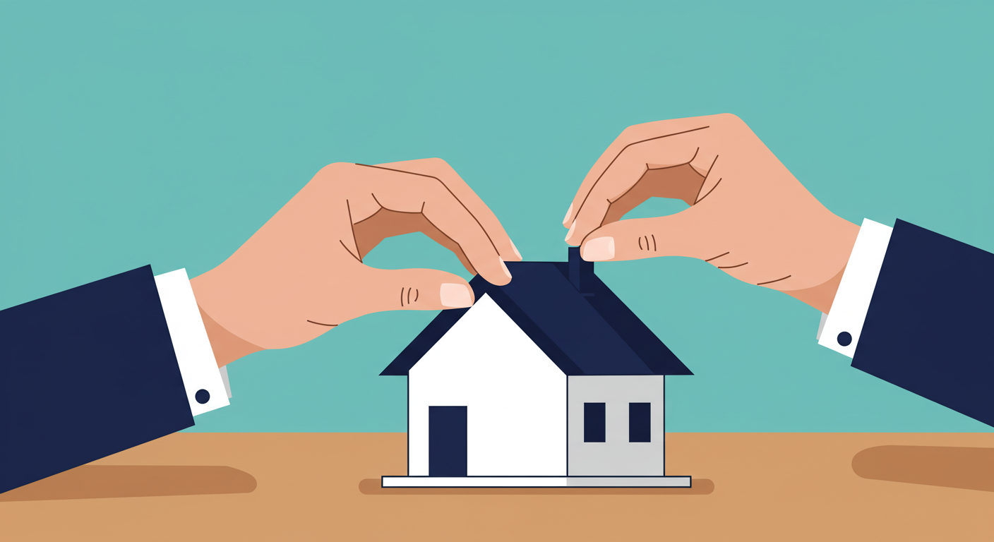A person's hands signing a legal document on a desk with a house key and a small model house.