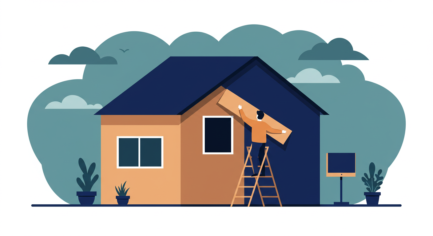 A two-story rental home with plywood covering the windows in preparation for a hurricane.