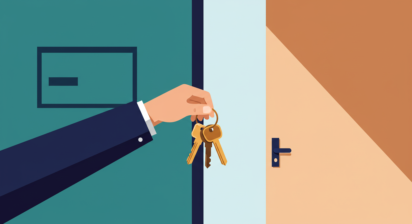 A person holding a set of house keys and a clipboard while standing in front of a rental home.