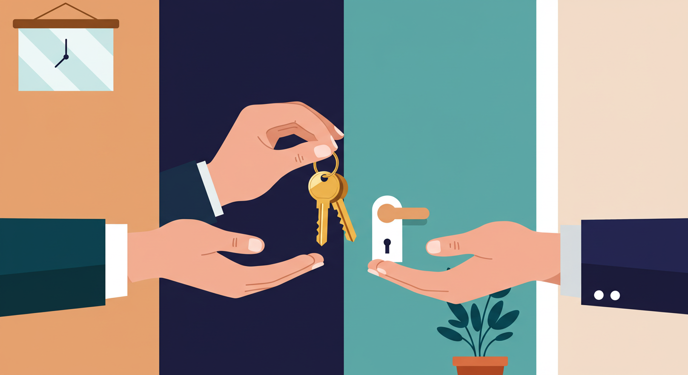 A person's hands holding a set of house keys over a signed rental agreement document on a wooden table.