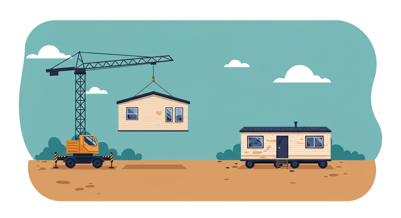 A neat row of mobile homes in a park with paved roads and green lawns on a sunny day.