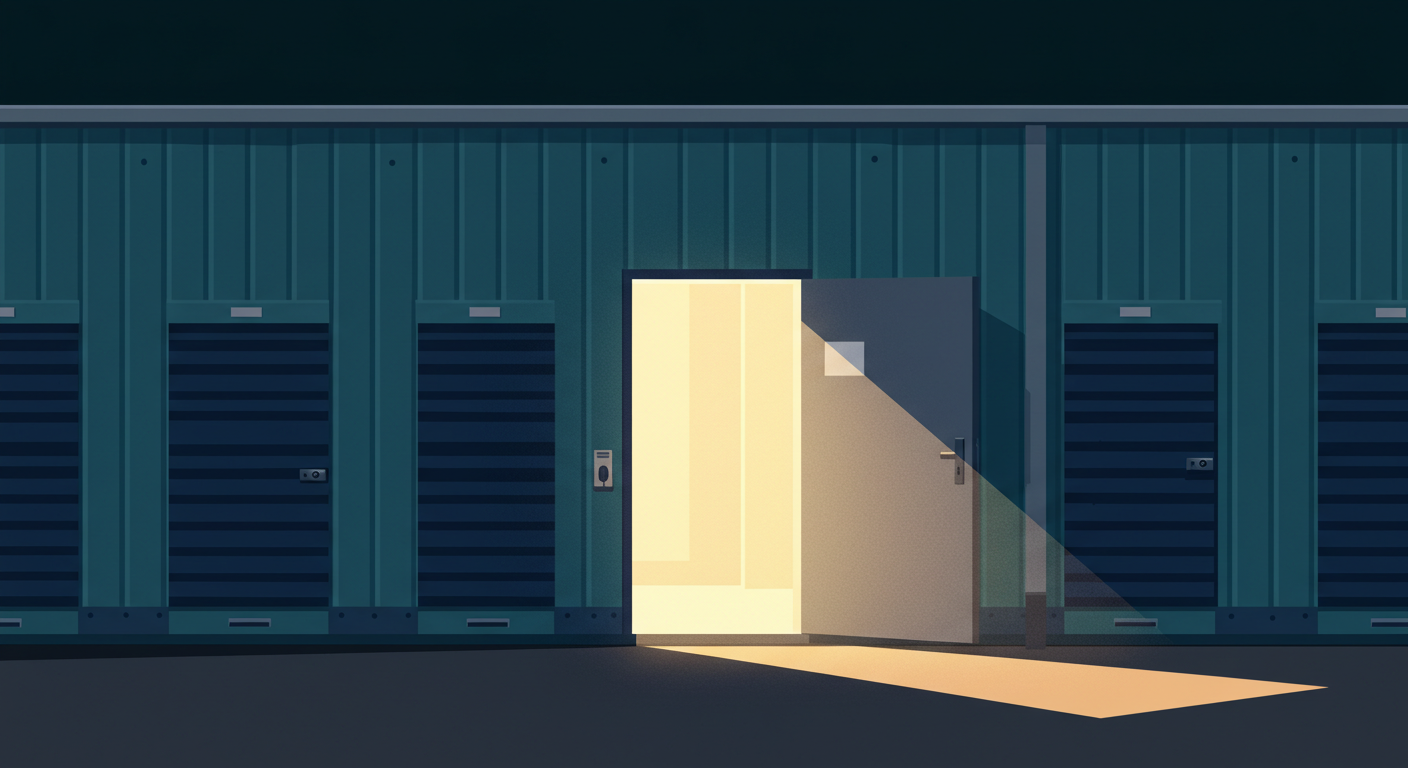 A row of clean, orange self-storage unit doors with a paved driveway in front.