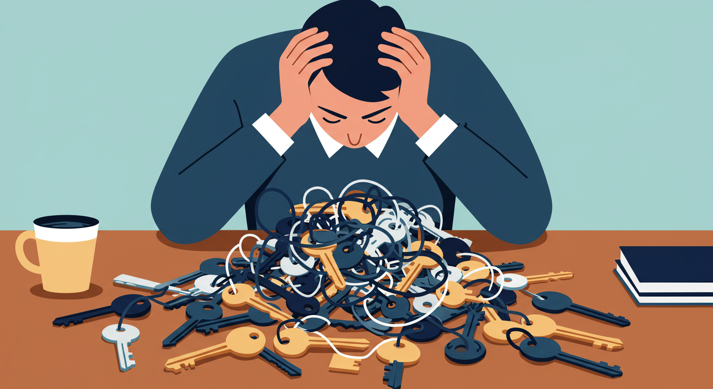 A tired landlord with their head in their hands sits at a desk covered in paperwork and a laptop.