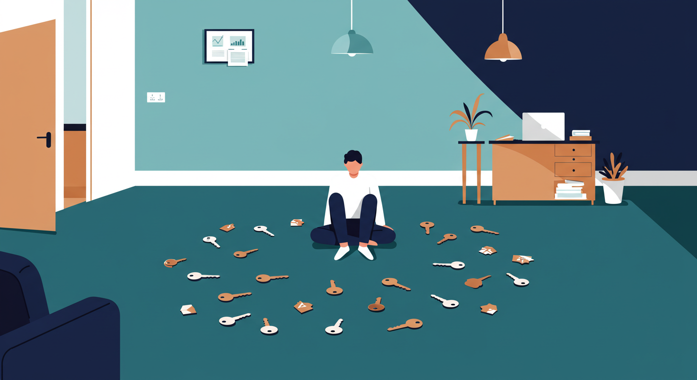 A landlord sitting at a clean desk, calmly using a laptop and drinking coffee while managing their property.
