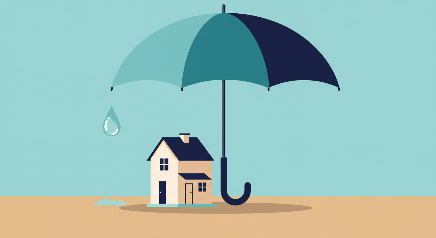 A duplex house with a conceptual umbrella held over it, symbolizing insurance protection.