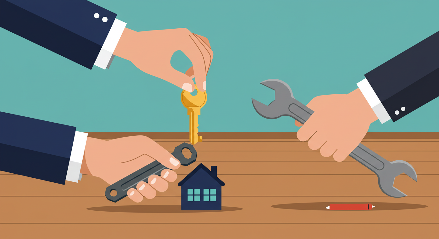 A person's hands holding tools over a signed lease agreement on a wooden table.