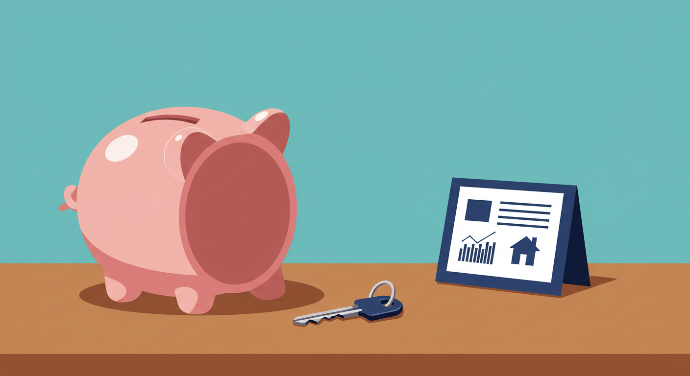 A person's hand dropping coins into a piggy bank with a small house icon on it.