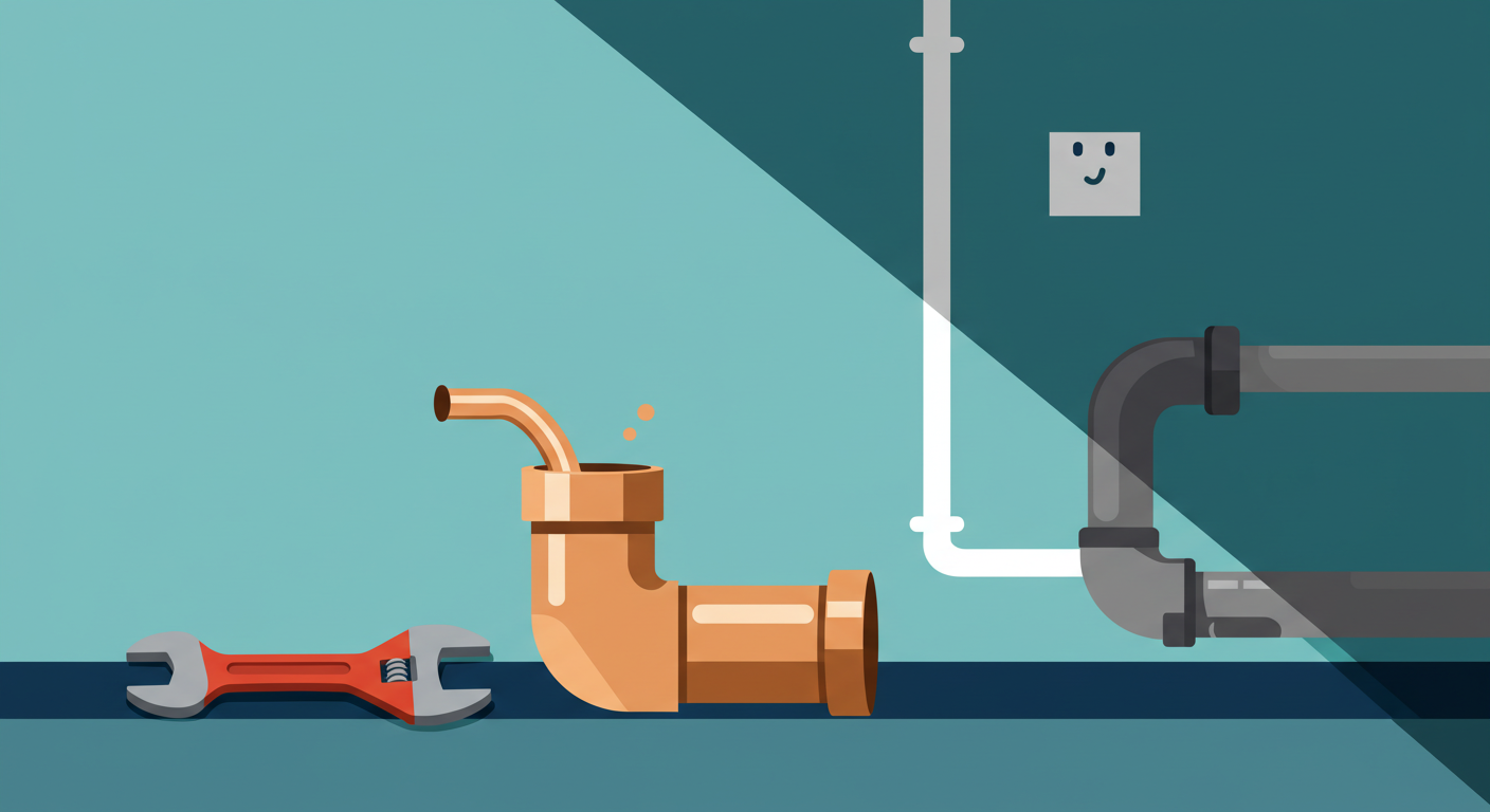 A close-up of a plumber using a wrench to work on old metal pipes under a sink.