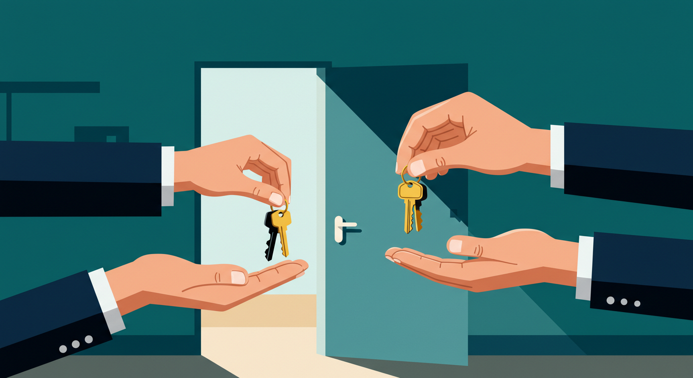 A landlord hands a set of keys to a new tenant at the front door of a rental property.