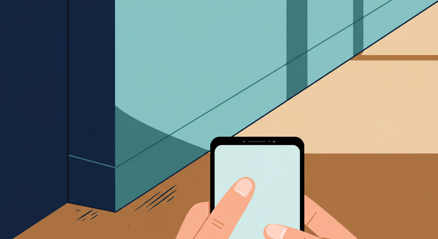 A landlord holding a smartphone and recording a video of a clean, empty living room before a tenant moves in.