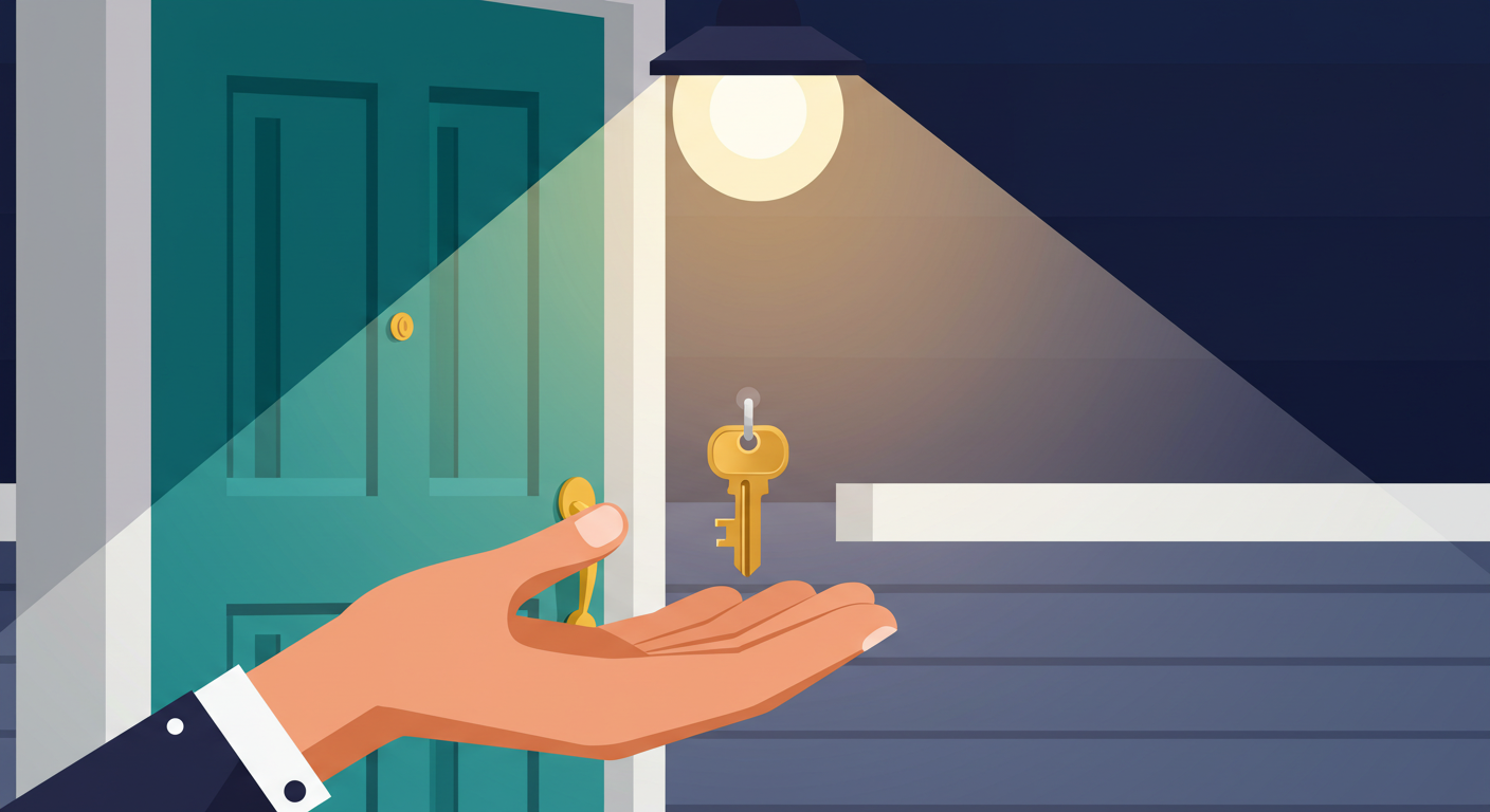 A set of house keys with a simple keychain on a wooden table, representing a rental property.