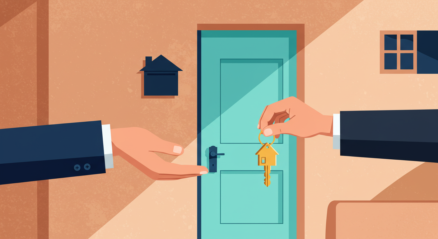 A set of house keys with a simple keychain resting on a wooden table, representing a rental property.