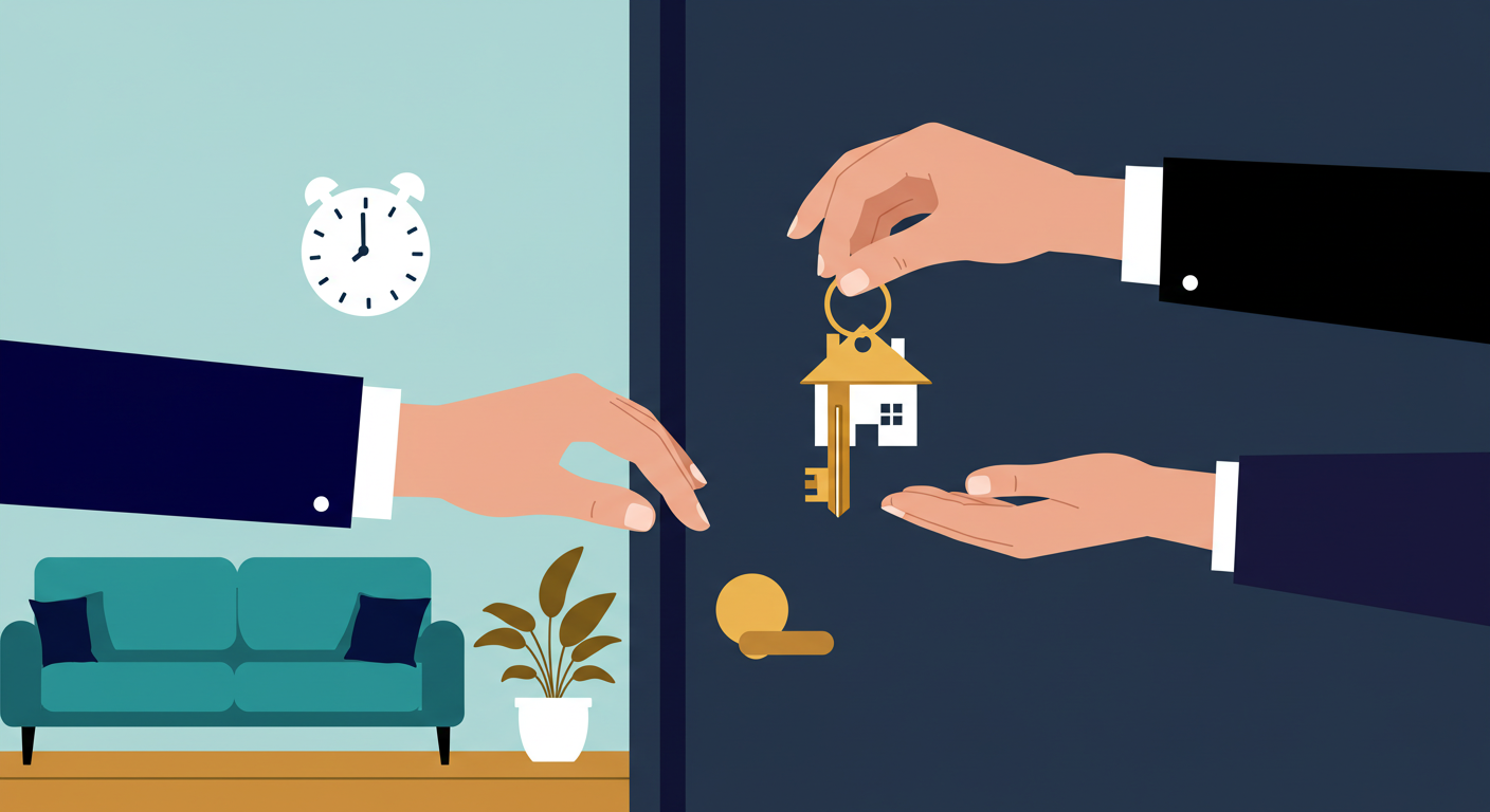 A modern house key with a simple keychain on a wooden table, representing a rental property.