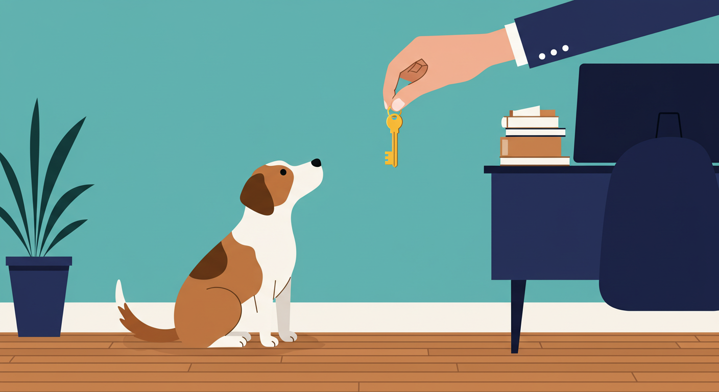 A golden retriever sitting happily on the floor of a clean, modern apartment living room next to a moving box.