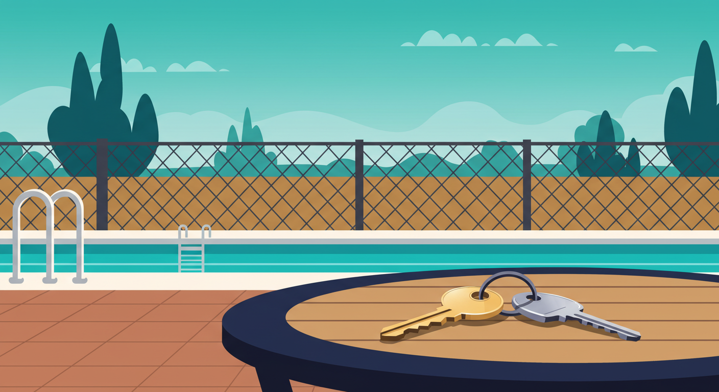 A clean, empty swimming pool at a rental property, surrounded by a secure safety fence and a closed gate.
