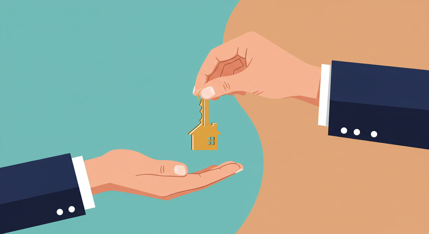 A person's hand signing a legal document on a wooden desk, with a pair of house keys resting beside the paper.