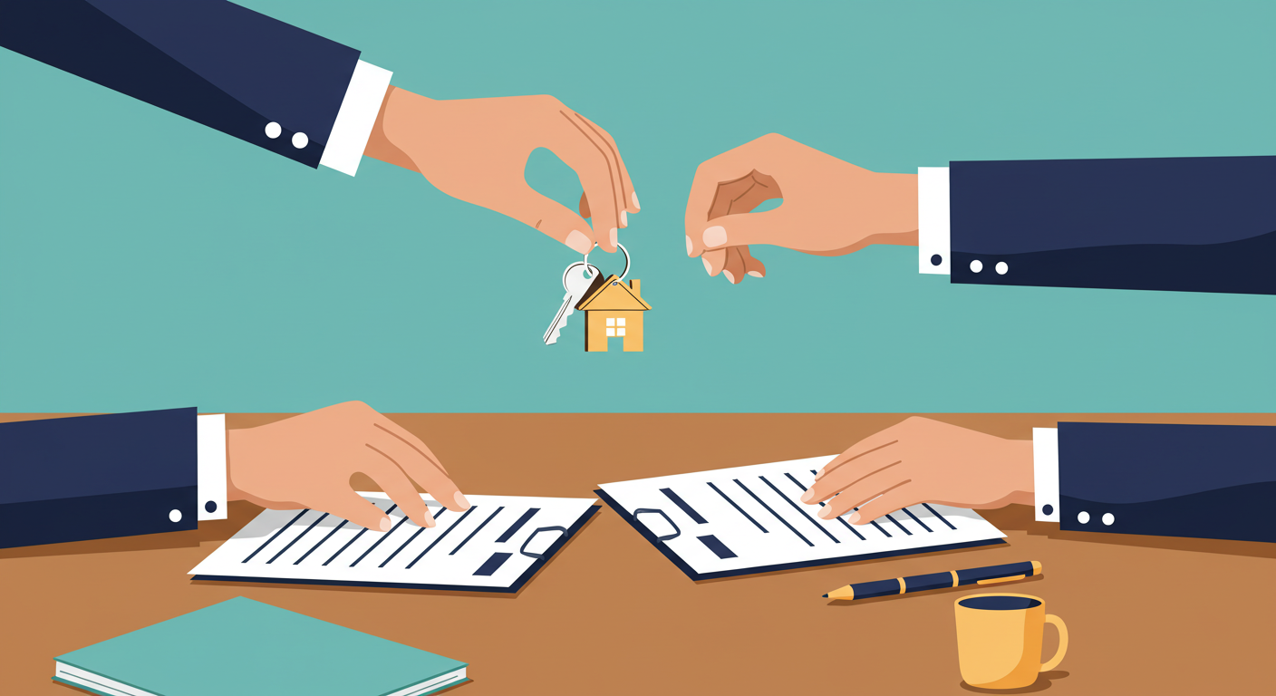 Two people shaking hands over a set of house keys and a signed contract on a wooden table.