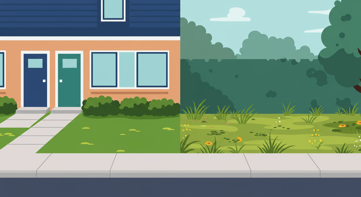 A well-maintained front yard of a rental house with green grass, neat flower beds, and a clear walkway.