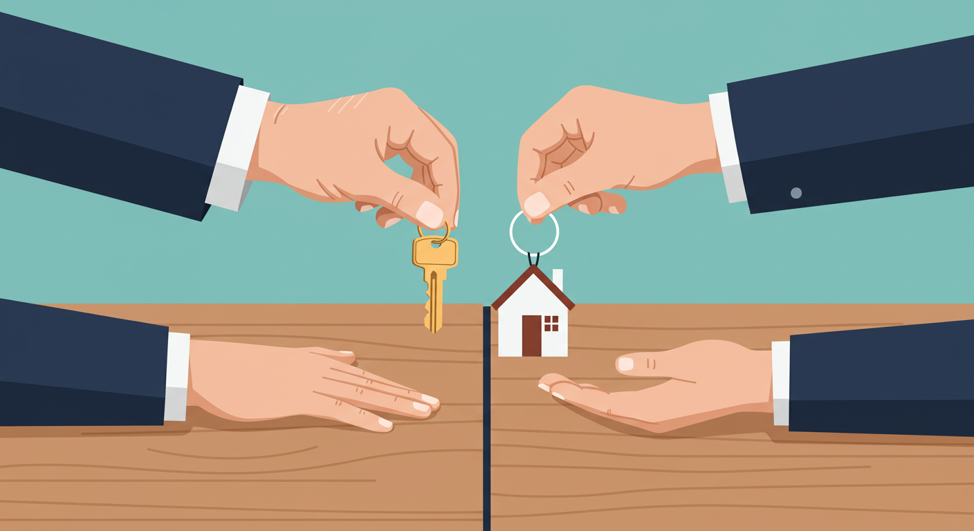 A parent handing a set of house keys to their smiling adult child in front of a rental property.