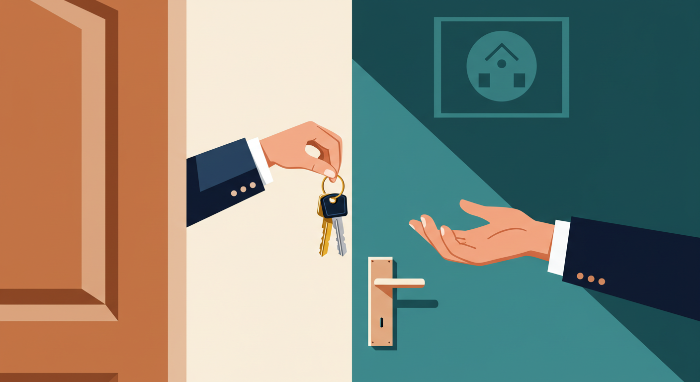 A person signing a lease document at a wooden desk, with a set of keys next to the paper.