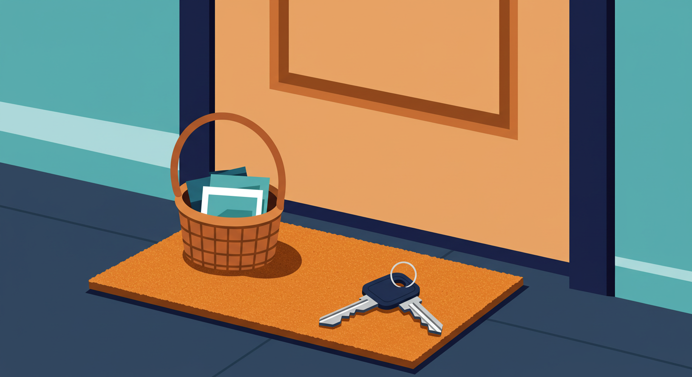 A small, neatly wrapped gift box with a simple ribbon sits on a clean wooden porch next to a welcome mat.
