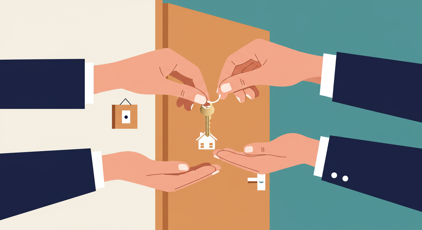 A set of house keys with a simple keychain rests on a signed rental agreement document.