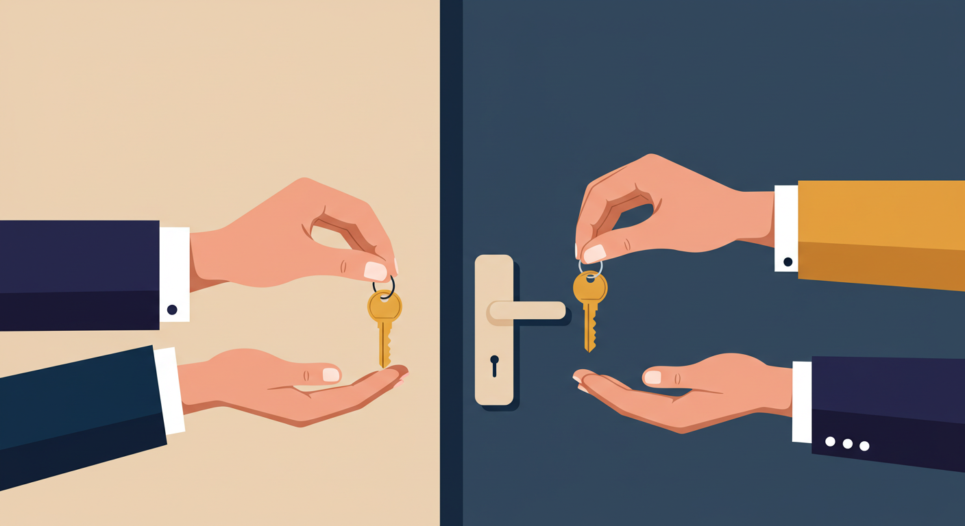 A set of house keys with a simple keychain resting on a wooden table next to a pen.