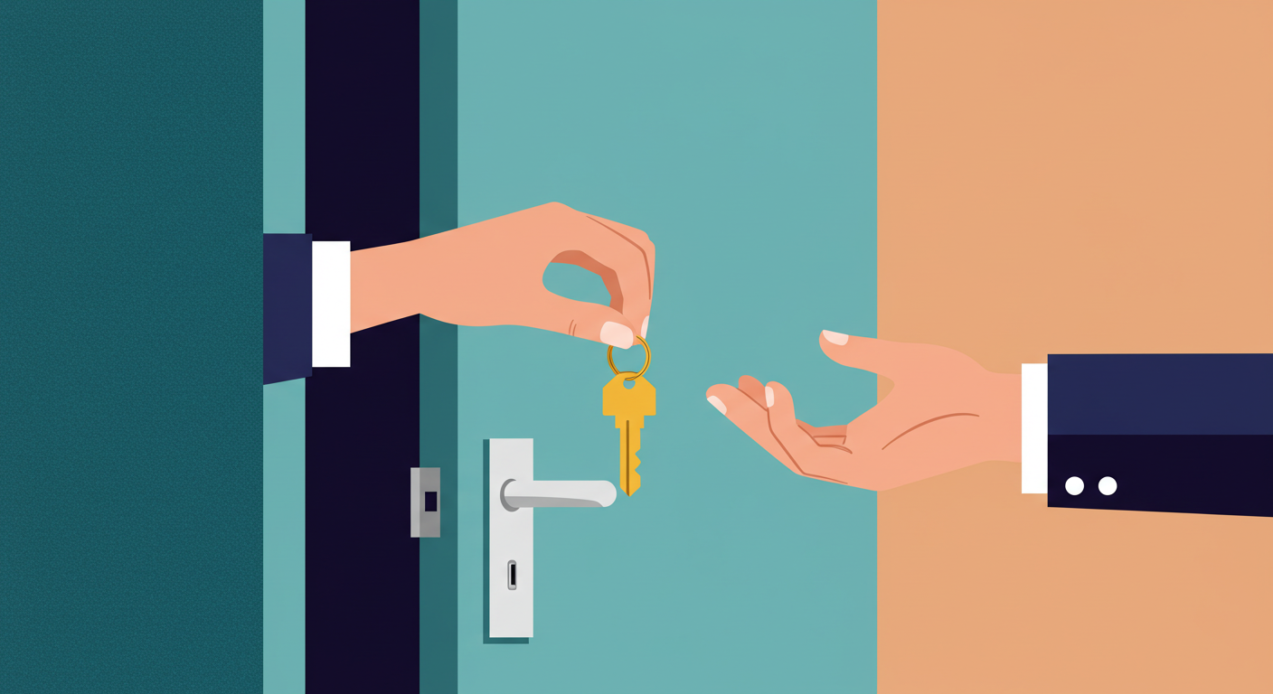 A person's hands holding a set of house keys in front of a modern apartment door.
