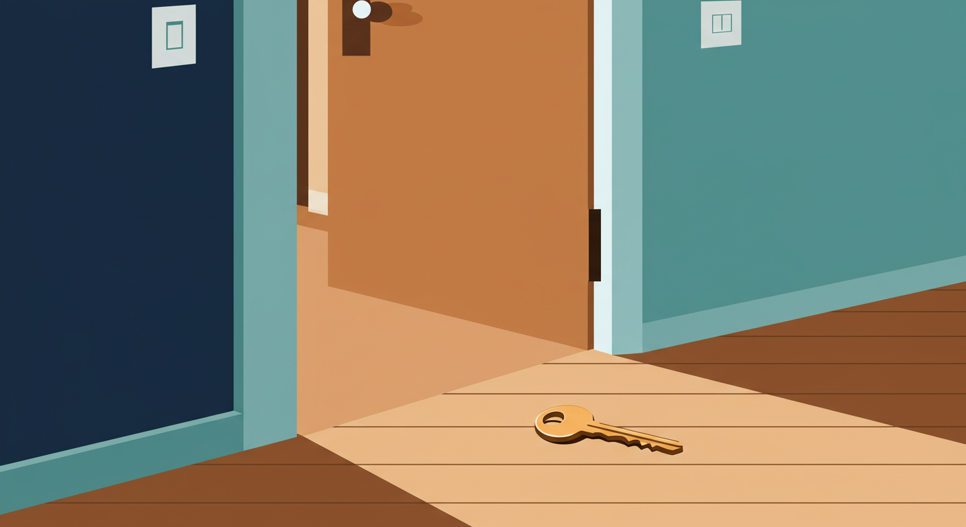 A front door of an apartment left ajar, with a key sitting on the floor just inside the threshold.