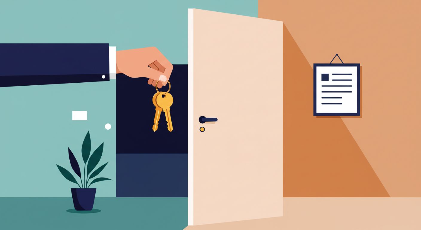 A landlord hands a set of keys to a new tenant in the doorway of a clean, empty apartment.