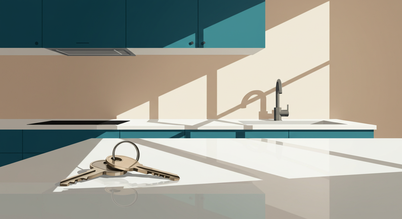 A person's hands holding a set of keys and a clipboard with a checklist inside a clean, empty apartment.